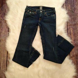 True Religion Joey Dark Wash Wrap Seam Distressed Flare Jeans Womens 29 Casual